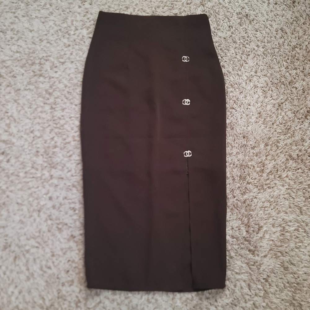 Anli Pencil Skirt Women 28 Brown High Waisted Midi Front Slit Silver Hardware